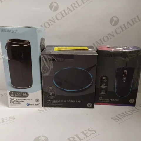 LOT OF APPROXIMATELY 70 ASSORTED ITEMS TO INCLUDE PORTABLE STEREO BLUETOOTH SPEAKER, WIRELESS CHARGING PAD, RGB WIRED GAMING MOUSE, ETC