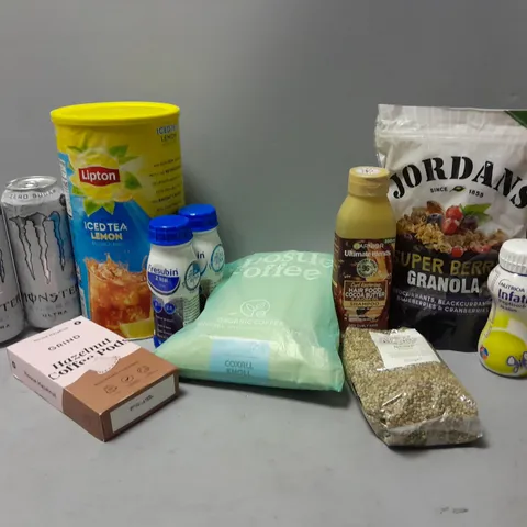 LOT OF ASSORTED FOOD ITEMS TO INCLUDE LIPTON ICED LEMON TEA, COFFEE PODS, ETC