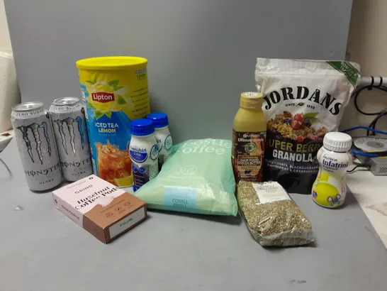 LOT OF ASSORTED FOOD ITEMS TO INCLUDE LIPTON ICED LEMON TEA, COFFEE PODS, ETC