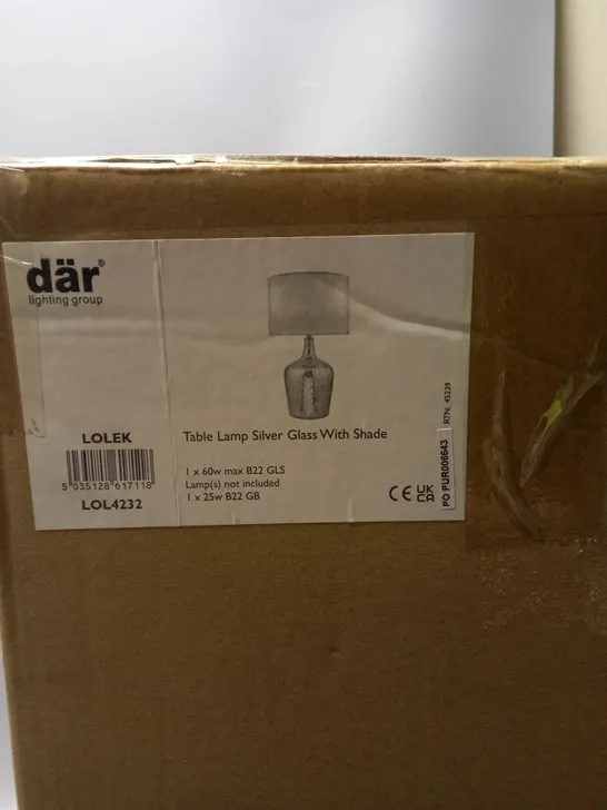 BOXED DAR TABLE LAMP SILVER GLASS WITH SHADE 