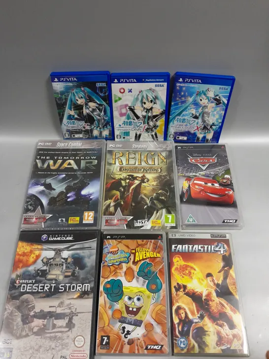 9 X ASSORTED VIDEO GAMES FOR VARIOUS CONSOLES TO INCLUDE CARS, SPONGEBOB SQUAREPANTS, REIGN ETC