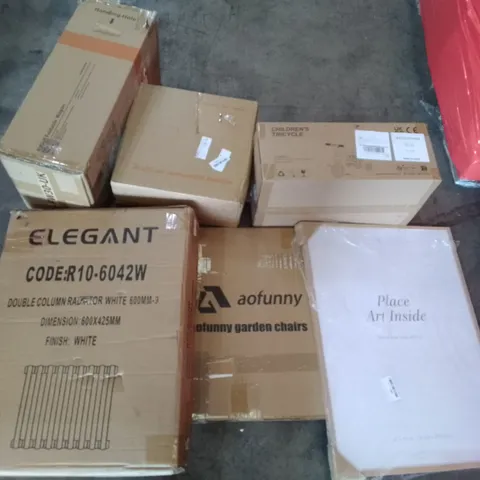 PALLET OF ASSORTED ITEMS INCLUDING CHILDREN'S TRICYCLE, AOFUNNY GARDEN CHAIRS, ELEGANT DOUBLE COLUMN RADIATOR, WOODEN PICTURE FRAME, FOLDABLE WAGON, PRESSURE WASHER