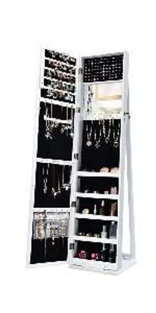 BOXED COSTWAY MIRRORED JEWELRY CABINET LOCKABLE STANDING STORAGE ORGANIZER IN WHITE (1 BOX)