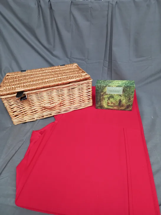 LARGE BOX OF ASSORTED HOUSEHOLD ITEMS TO INCLUDE CANDLES, STORAGE BOXES AND WICKER BASKET