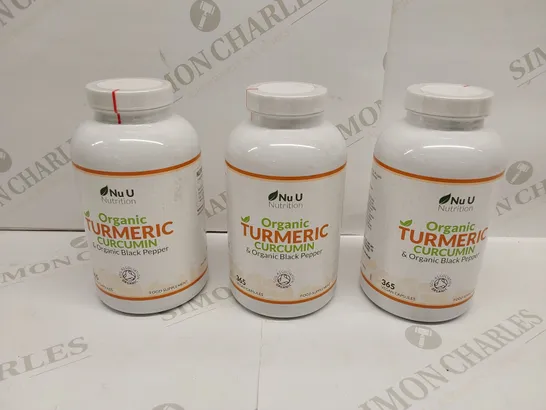 APPROXIMATELY 3 BOTTLES OF NU U ORGANIC TUMERIC CURCUMIN & ORGANIC BLACK PEPPER NUTRITION VEGAN CAPSULES - 365 CAPSULES PER BOTTLE // BEST BEFORE: 07/26