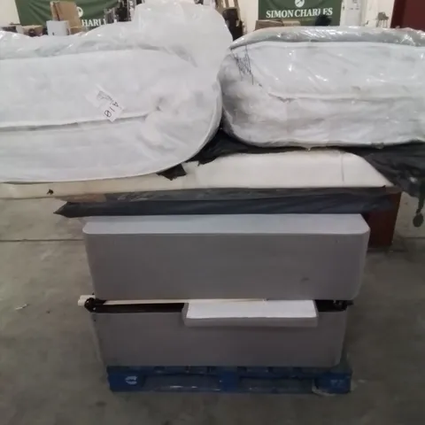 PALLET CONTAINING DIVAN SINGLE BED BASE MATTRESSES AND HEADBOARD ETC. 