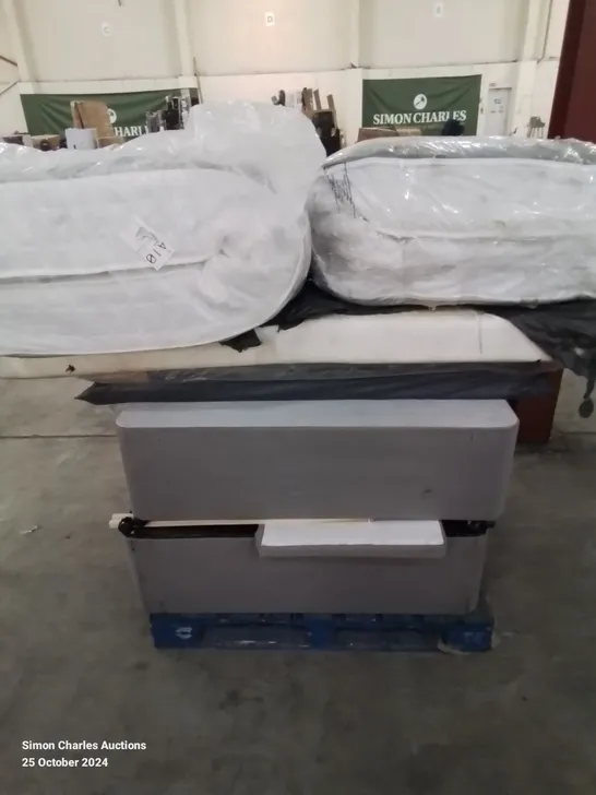 PALLET CONTAINING DIVAN SINGLE BED BASE MATTRESSES AND HEADBOARD ETC. 