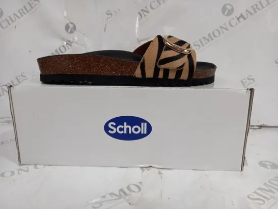 BOXED PAIR OF SCHOLL SANDALS LEATHER SOLE FURY STRIPED STRAP IN BROWN SIZE 6