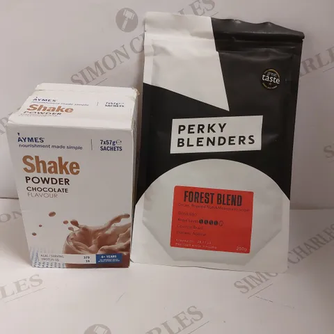 BOX OF APPROX 4 ITEMS TO INCLUDE AYMES CHOCOLATE SHAKE POWDER AND PERKY BLENDERS 250G OF COFFEE