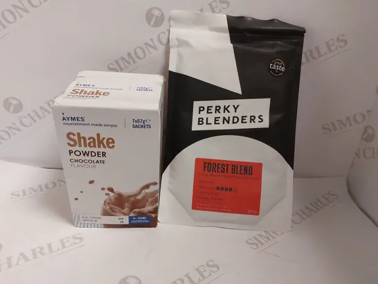 BOX OF APPROX 4 ITEMS TO INCLUDE AYMES CHOCOLATE SHAKE POWDER AND PERKY BLENDERS 250G OF COFFEE