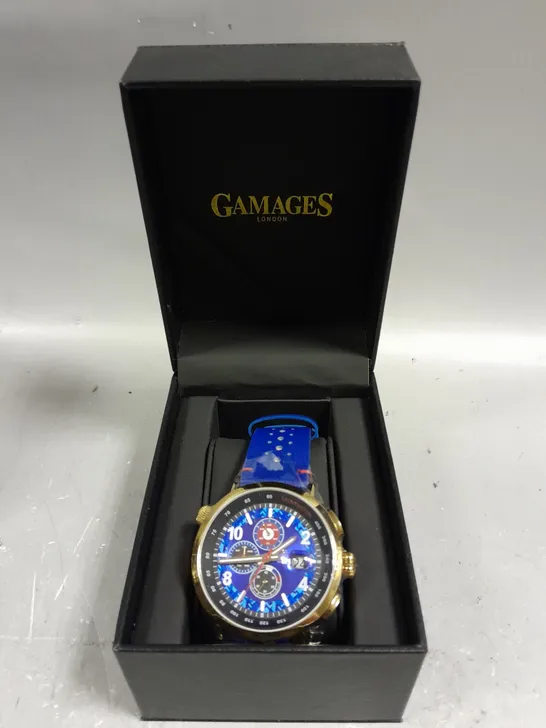 GAMAGES TARGET RACER GOLD COLOUR CASE BLUE DIAL WATCH 