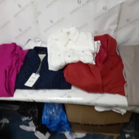 BOX OF ASSORTED CLOTHING ITEMS TO INCLUDE BLAZERS, TOPS, TROUSERS ETC 