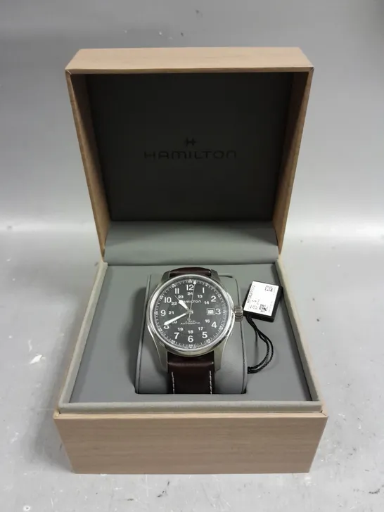 BOXED HAMILTON KHAKI AUTOMATIC BLACK DIAL WATCH 