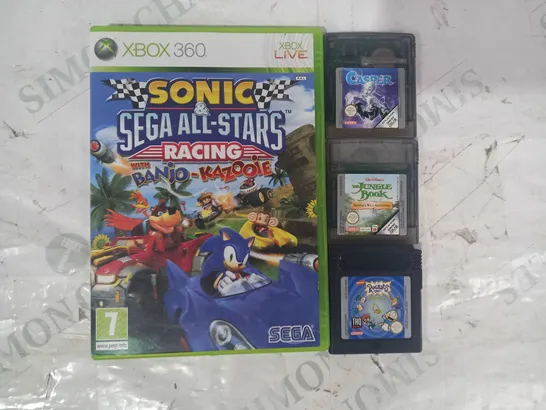 LOT OF 4 ASSORTED VIDEO GAMES TO INCLUDE SONIC SEGA ALL-STARS RACING (XBOX 360), CASPER (GBC), RUGRATS TIME TRAVELERS (GAMEBOY), ETC