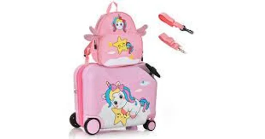 BOXED COSTWAY 2 PIECE KIDS RIDE-ON LUGGAGE SET 18" SUITCASE & 12" BACKPACK ANTI-LOSE ROPE - PINK