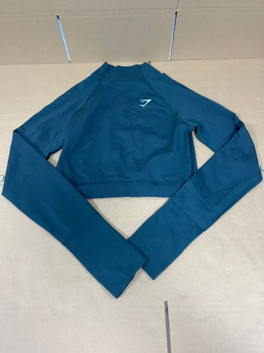 GYMSHARK HIGH NECK LONG SLEEVED CROPPED TRAINING TOP IN TEAL SIZE LARGE 