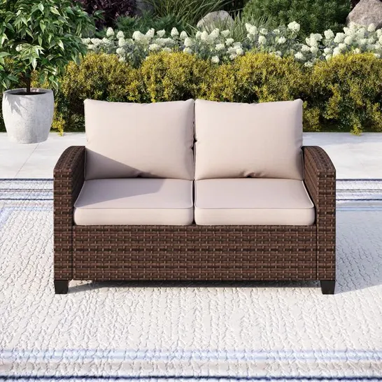 BOXED 127cm WIDE OUTDOOR WICKER LOVESEAT WITH CUSHION (1 BOX)