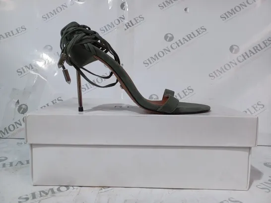 BOXED PAIR OF REISS ZHANE STRAPPY SUEDE HEELS IN GREEN SIZE 6