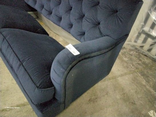 DESIGNER METAL ACTION SOFABED IN BUTTONED BLUE PLUSH FABRIC 