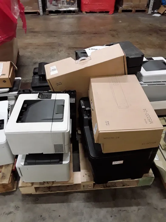 PALLET OF ASSORTED OFFICE EQUIPMENT INCLUDING PRINTERS, DESKTOP & ROUTERS