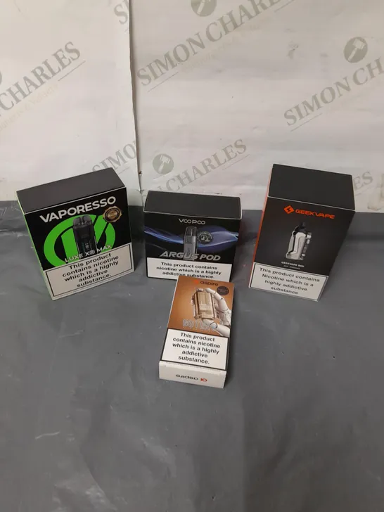 BOX OF APPROXIMATELY 10 ASSORTED E-CIGARATTES TO INCLUDE GEEK VAPE, VAPORESSO, ASPIRE ETC