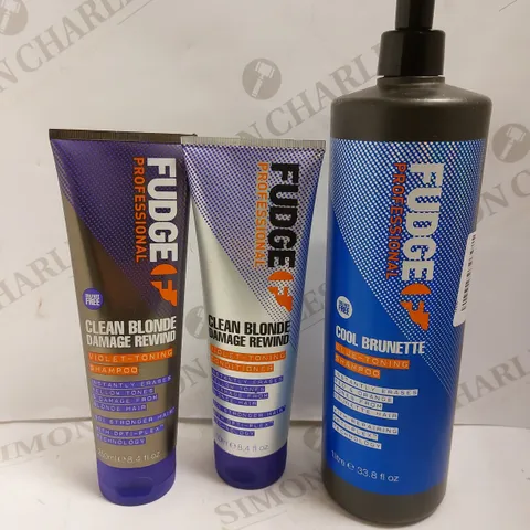 BOX OF 3 ITEMS TO INCLUDE FUDGE CLEAN BLONDE SHAMPOO AND CONDITIONER, COOL BRUNETTE SHAMPOO