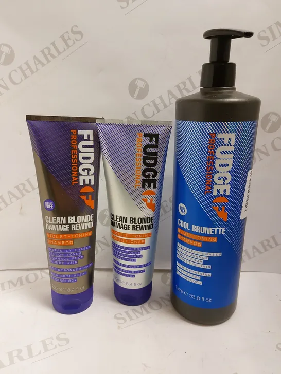 BOX OF 3 ITEMS TO INCLUDE FUDGE CLEAN BLONDE SHAMPOO AND CONDITIONER, COOL BRUNETTE SHAMPOO