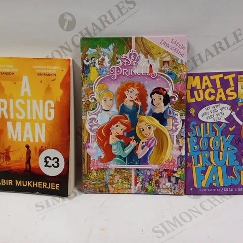 LOT OF APPROXIMATELY 50 ASSORTED BOOKS TO INCLUDE MATT LUCAS SILLY BOOK TRUE OR FALSE, DISNEY PRINCESS LITTLE LOOK AND FIND BOOK, 'A RISING MAN' BY ABIR MUKHERJEE, ETC