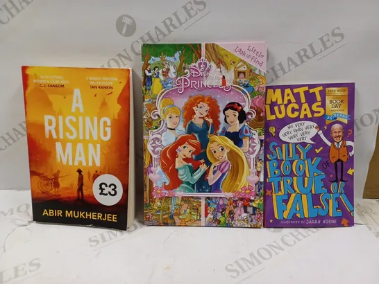 LOT OF APPROXIMATELY 50 ASSORTED BOOKS TO INCLUDE MATT LUCAS SILLY BOOK TRUE OR FALSE, DISNEY PRINCESS LITTLE LOOK AND FIND BOOK, 'A RISING MAN' BY ABIR MUKHERJEE, ETC