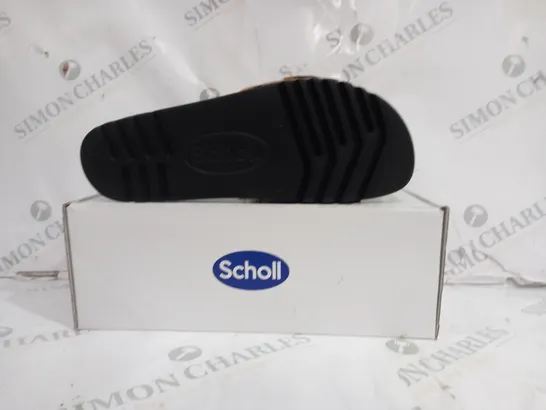 BOXED PAIR OF SCHOLL SANDAL LEATHER SOLE FURRY STRIPED STRAP IN BROWN SIZE 8