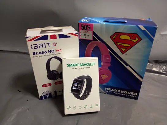 APPROXIMATELY 8 ASSORTED ITEMS TO INCLUDE iBRIT STUDIO NC HEADPHONES, SMART BRACELET, DC UPERGIRL HEADPHONES ETC