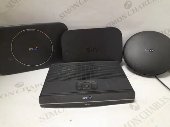 LOT OF 4 ASSORTED SET-UP BOXES TO INCLUDE BT WI-FI DISC, BT 4K UHD BOX, SKY WI-FI ROUTER, ETC