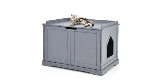 BOXED COSTWAY CAT LITTER BOX WASHROOM STORAGE BENCH - GREY 