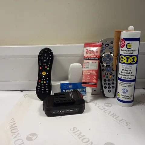 LOT OF APPROX 20 HOUSEHOLD ITEMS TO INCLUDE VIRGIN TV REMOTE, SKY TV REMOTE AND A 3 WAY ADAPTOR