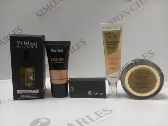 BOX OF APPROX 12 ASSORTED MAKE-UP PRODUCTS TO INCLUDE FLORMAR LIQUID ILLUMINATOR, MAX FACTORX MIRACLE PURE FOUNDATION, MAX FACTOR MIRACLE TOUCH. ETC 