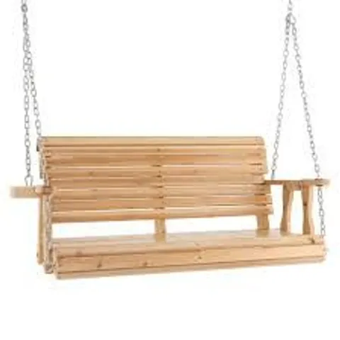 BOXED COSTWAY 149cm WOODEN PORCH SWING WITH CUP HOLDERS OUTDOOR HANGING BENCH