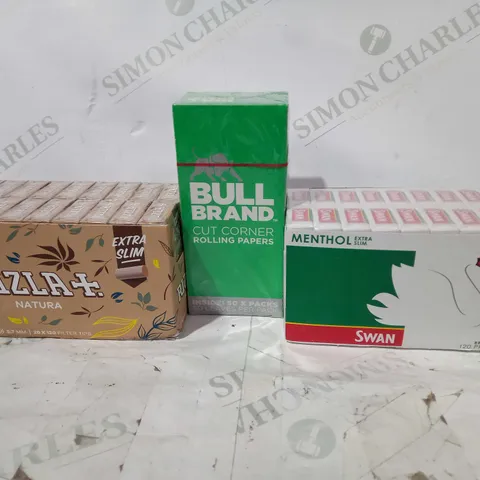 LOT OF APPROXIMATELY 20 SMOKING ITEMS TO INCLUDE SWAN PRE CUT FILTER TIPS, RIZLA + NATURA FILTER TIPS, BULL BRAND CUT CORNER ROLLING PAPERS, ETC