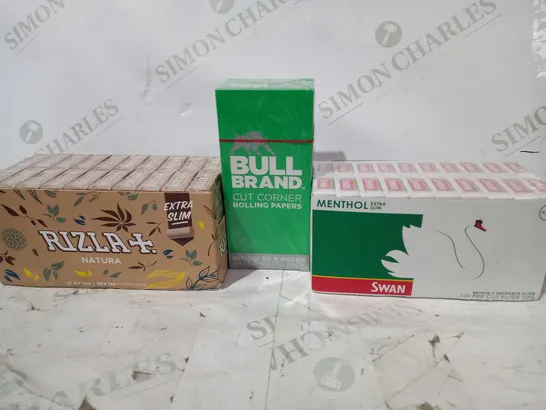 LOT OF APPROXIMATELY 20 SMOKING ITEMS TO INCLUDE SWAN PRE CUT FILTER TIPS, RIZLA + NATURA FILTER TIPS, BULL BRAND CUT CORNER ROLLING PAPERS, ETC