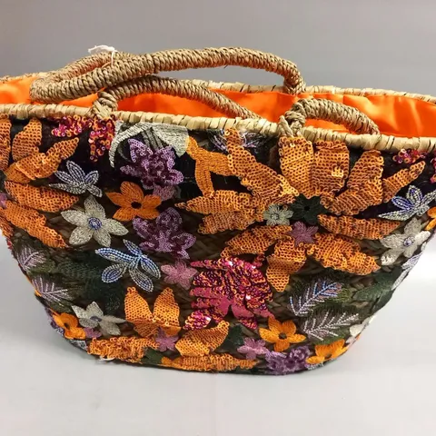 BRAND NEW BROWN PEPPER HANDBAGS MEDIUM ORANGE INTERIOR EMBROIDERY SEQUIN BASKET BAG