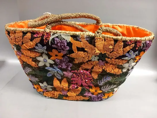 BRAND NEW BROWN PEPPER HANDBAGS MEDIUM ORANGE INTERIOR EMBROIDERY SEQUIN BASKET BAG