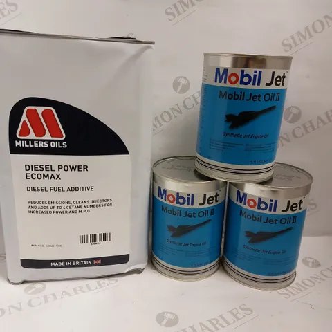 BOX OF 4 ITEMS TO INCLUDE MILLERS OILS DIESEL POWER ECOMAX AND 3 TINS OF MOBIL JET OIL II (946ML EACH) - COLLECTION ONLY