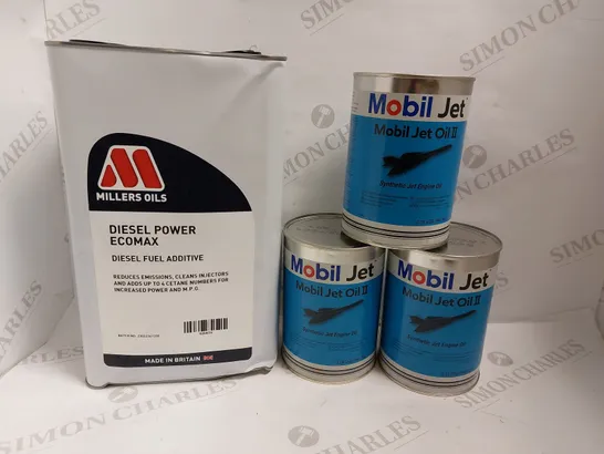 BOX OF 4 ITEMS TO INCLUDE MILLERS OILS DIESEL POWER ECOMAX AND 3 TINS OF MOBIL JET OIL II (946ML EACH) - COLLECTION ONLY