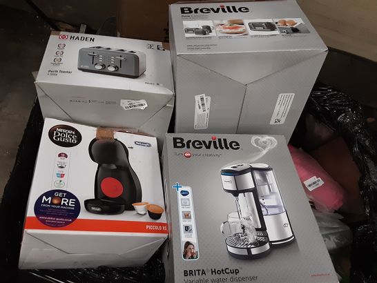 PALLET OF ASSORTED ELECTRICALS TO INCLUDE; NESCAFE DOLCE GUSTO, BREVILLE BRITA HOT CUP VARIABLE WATER DISPENSER, BREVILLE FLOW COLLECTION TOASTER AND HADEN TOASTER