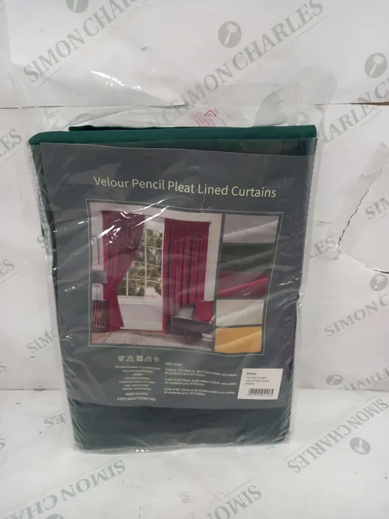 HOME CURTAINS VELOUR PENCIL PLEAT LINED CURTAINS IN GREEN 65X54"