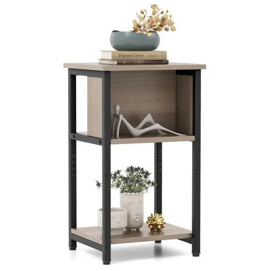 BOXED COSTWAY 3-TIER FABRIC NIGHTSTAND WITH STURDY METAL FRAME - GREY