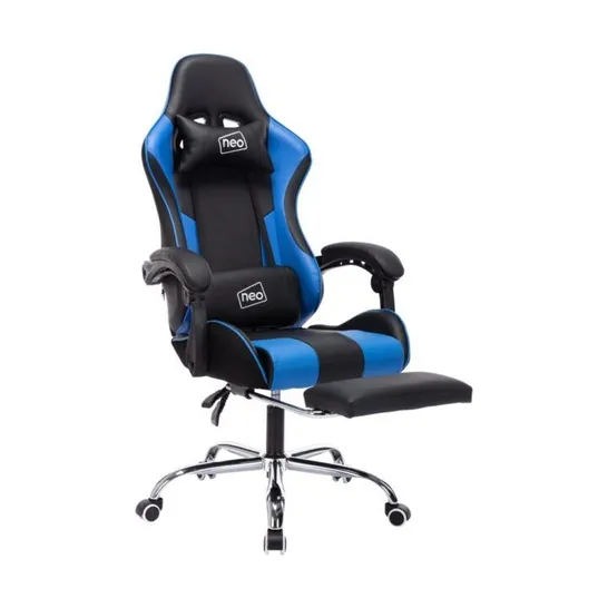 BOXED NEO SERPENS BLUE AND BLACK LEATHER GAMING CHAIR WITH MASSAGE FUNCTION & FOOTREST (1 BOX)