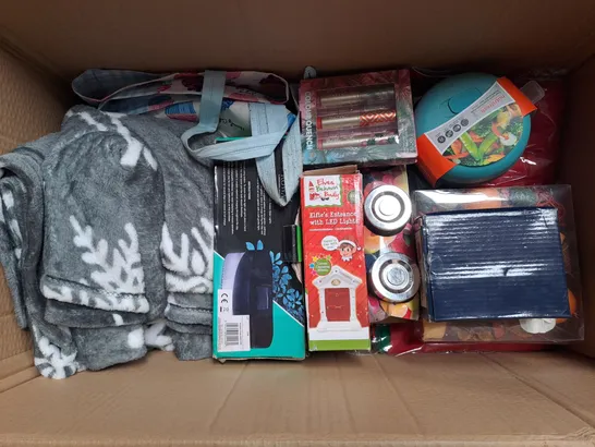 BOX OF ASSORTED HOUSEHOLD ITEMS TOO INCLUDE TOYS , BLANKETS , GLASS TUBS , ETC - COLLECTION ONLY 