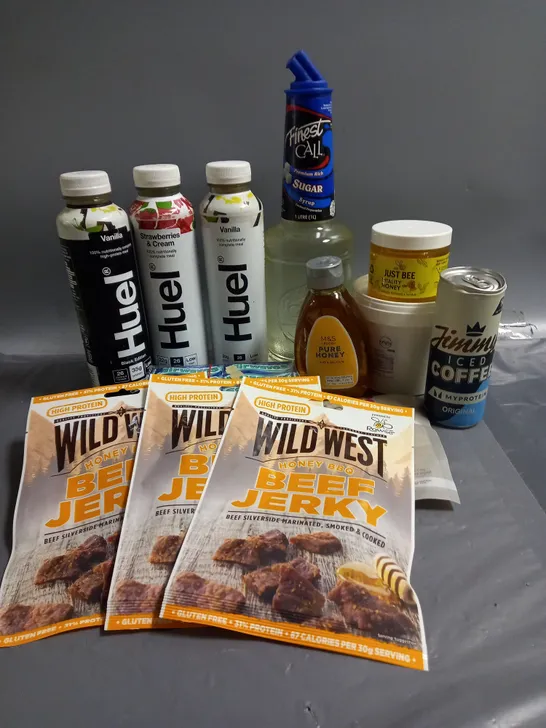 APPROXIMATELY 10 ASSORTED FOOD/DRINK ITEMS TO INCLUDE - WILDWEST HONEY BBQ BEEF JERKY - ORIGIN ORGANIC TALLOW FAT - JUST BEE VITALITY HONEY - ETC