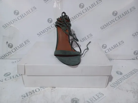 BOXED PAIR OF REISS ZHANE STRAPPY SUEDE HEELS IN GREEN SIZE 6