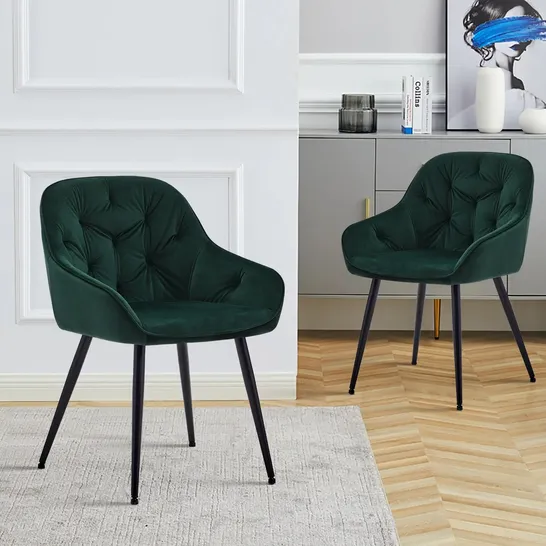 BOXED SET OF 2 CRUSHED VELVET DINNING ROOM CHAIRS IN GREEN